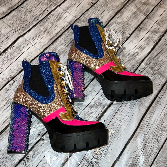 Sequin Combat Platform Heel Booties - Picture 6 of 15